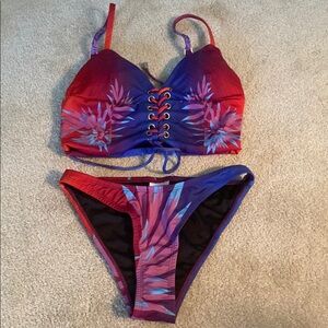 B FYNE bikini tropical print top large bottom medium